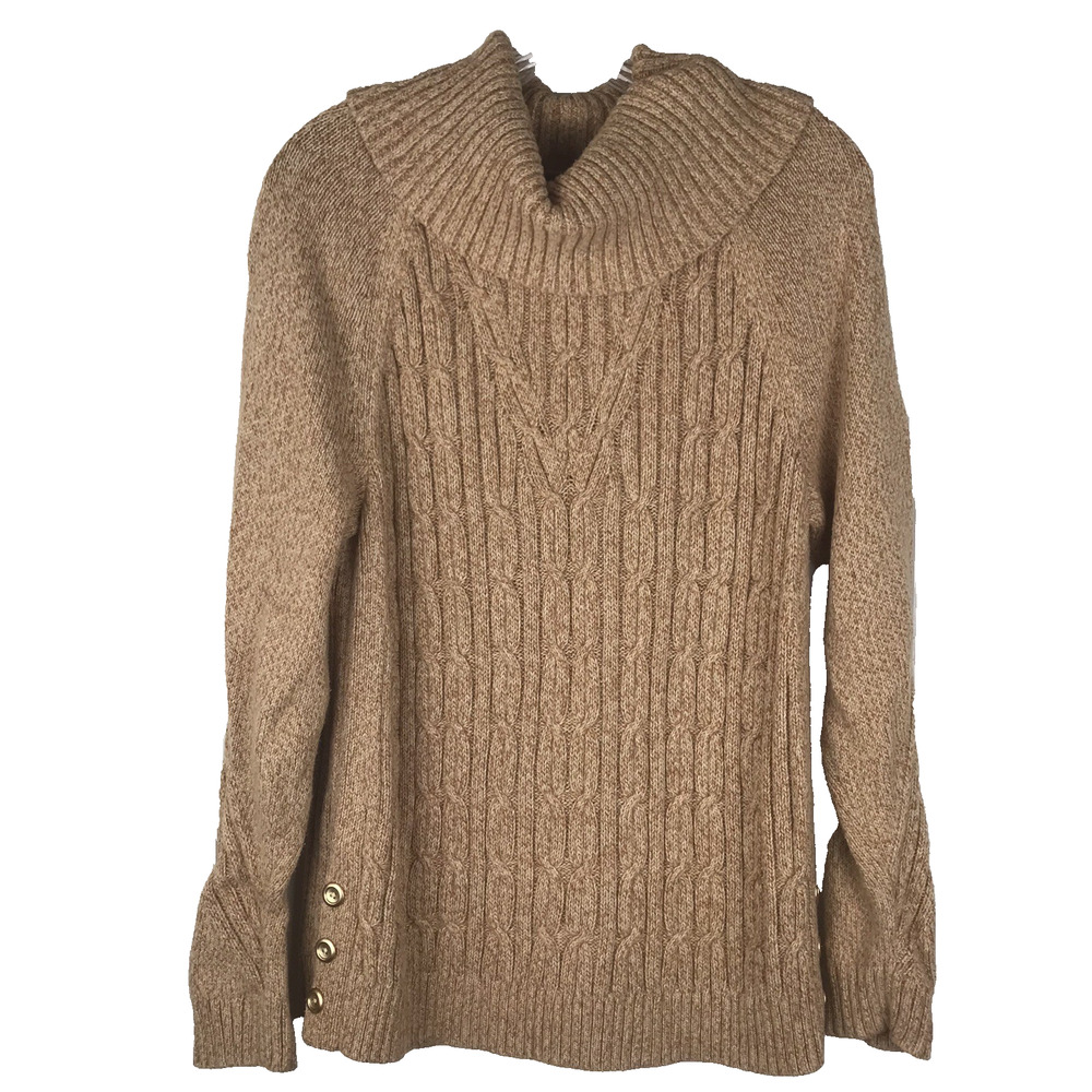 Talbots Cowl Neck Cable Knit Sweater Pullover Gold Buttons Cotton Tan Medium